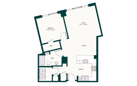 Floor plan for 1 bed, 1 bath, 917 sqft